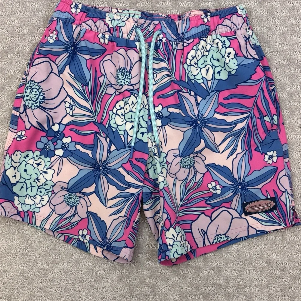 Vineyard Vines Swim Shorts Mens XS Floral Pink  Print Drawstring 7